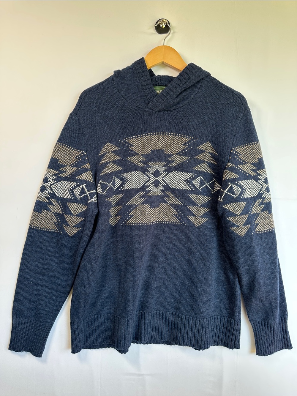 American Eagle Hooded Fair Isle Sweater Blue Cotton Blend NWT Size L Cabin Cozy